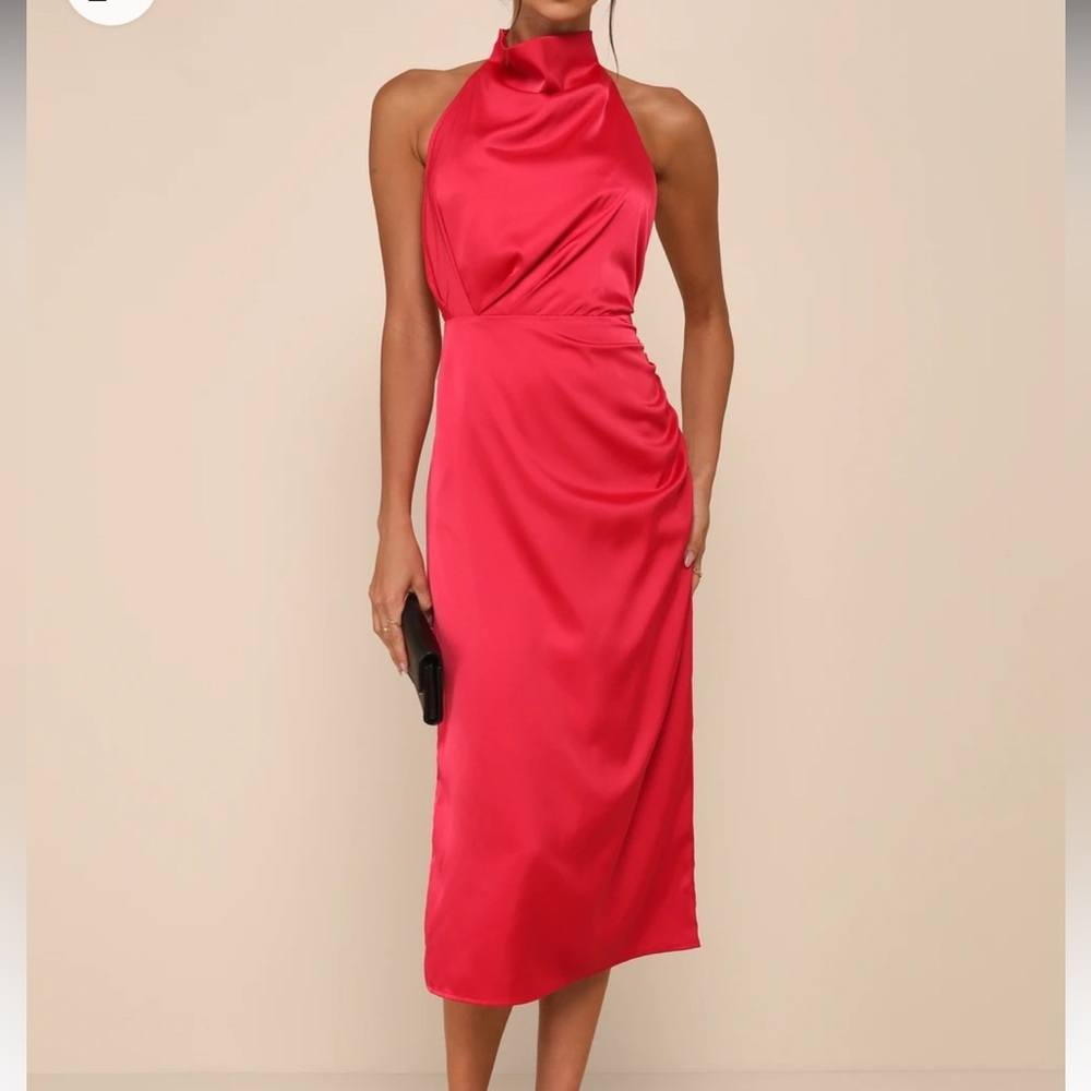 Lulus Brand | Gorgeous Season Bright Red Satin Backless Midi Dress